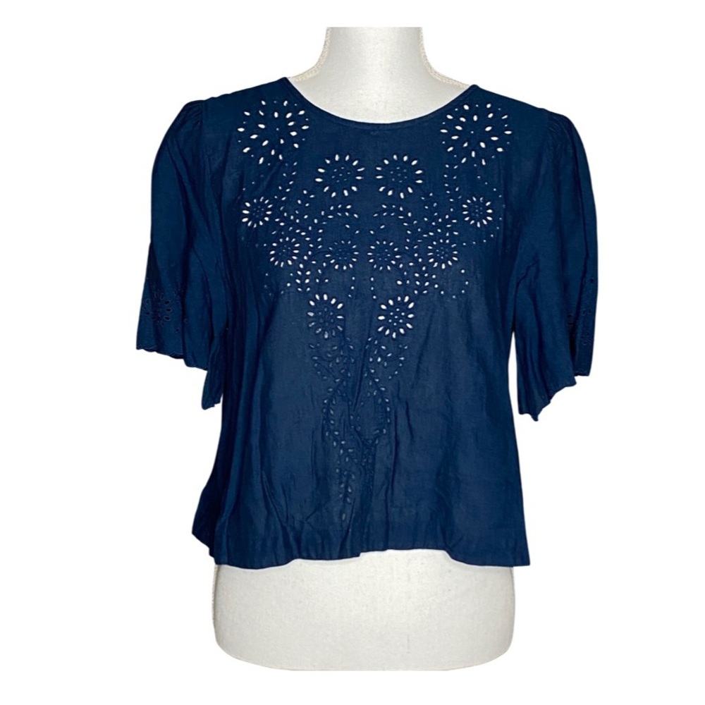 Free People Eyelet Linen Blend Split Back Crop Top Teal Blue Size S